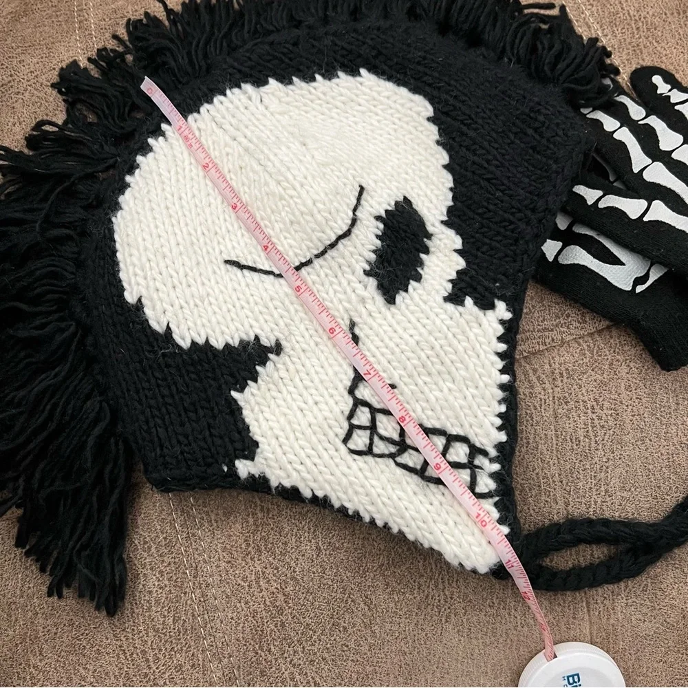 Skull Mohawk Knit Beanie with Skelton Gloves